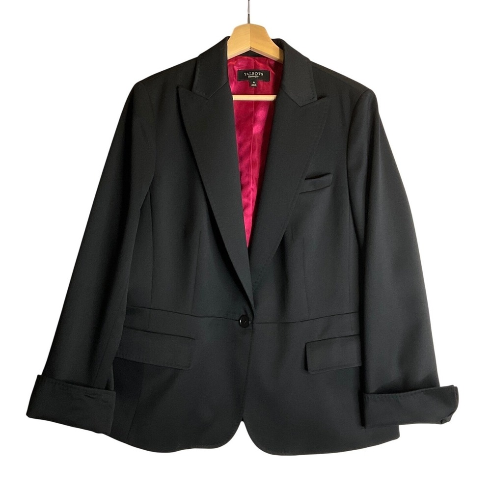 Talbots The Kate Fit Black Wool Blend Lined Blazer One-Button Pink Lining Career